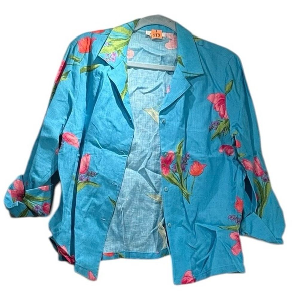 Vintage Talbots Petites 2-Piece Floral Set Blue Pink Linen Blend Size 14
